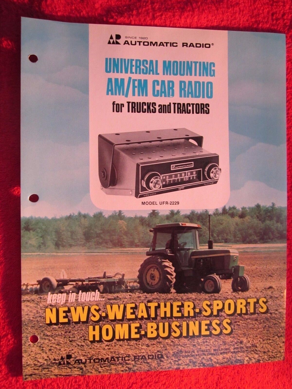 VINTAGE AUTOMATIC MODEL UFR-2229 TRUCK & TRACTOR CAB RADIO BROCHURE