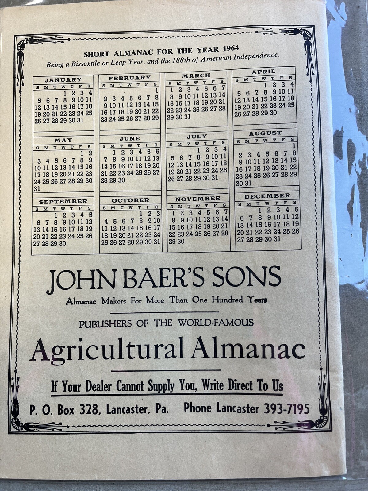 VINTAGE FARMERS AGRICULTURAL ALMANACS, BAER’S LANCASTER PA 1964