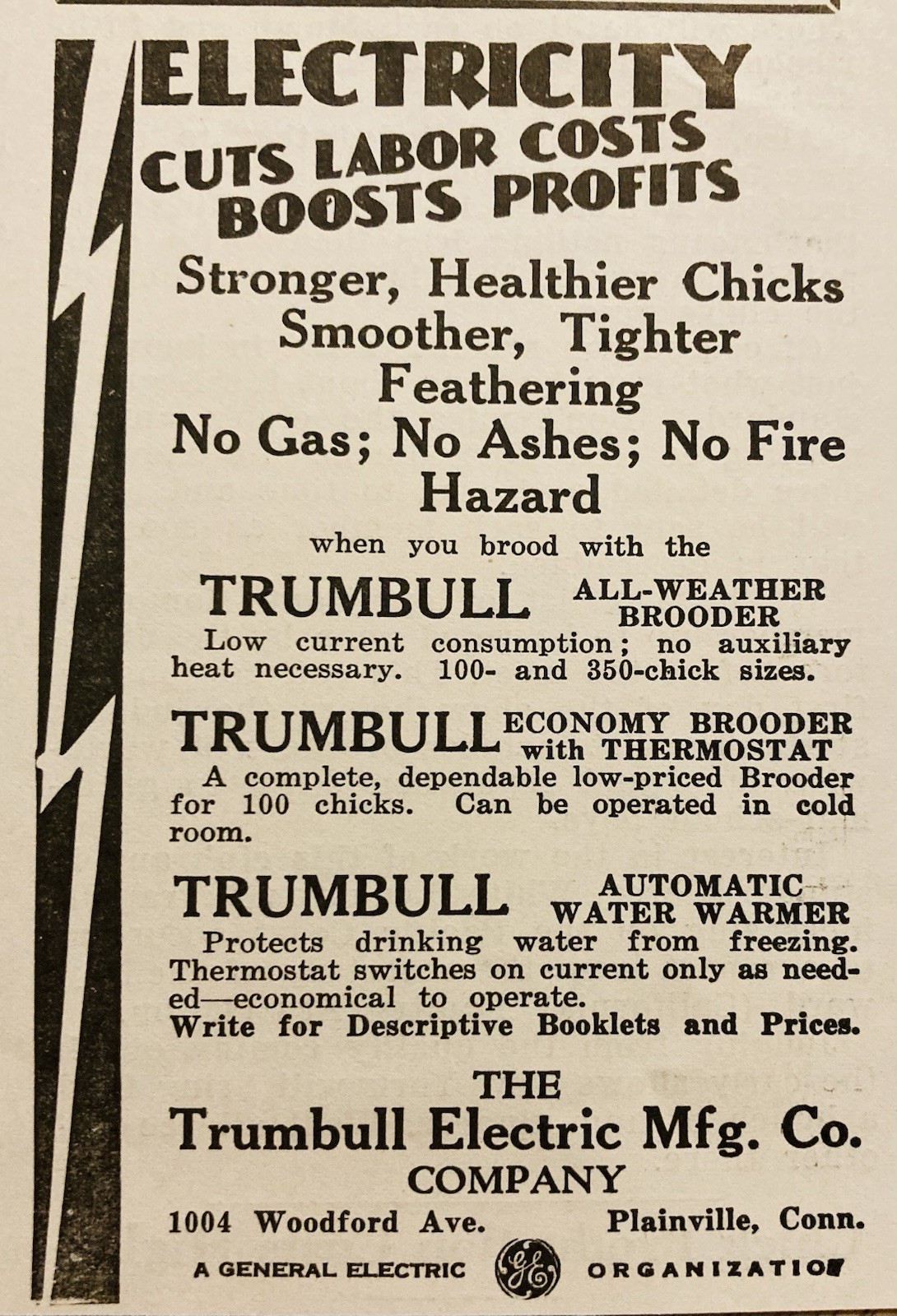 1934 AD.(XH82)~TRUMBULL ELECTRIC MFG. CO. PLAINVILLE, CONN. TRUMBULL BROODERS