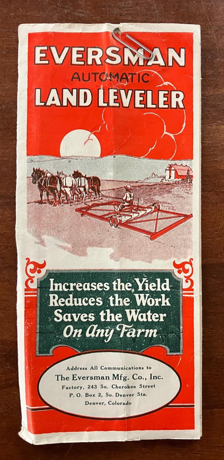 SCARCE! 1926 Eversman Automatic Land Leveler Fold Out Brochure Denver Colorado