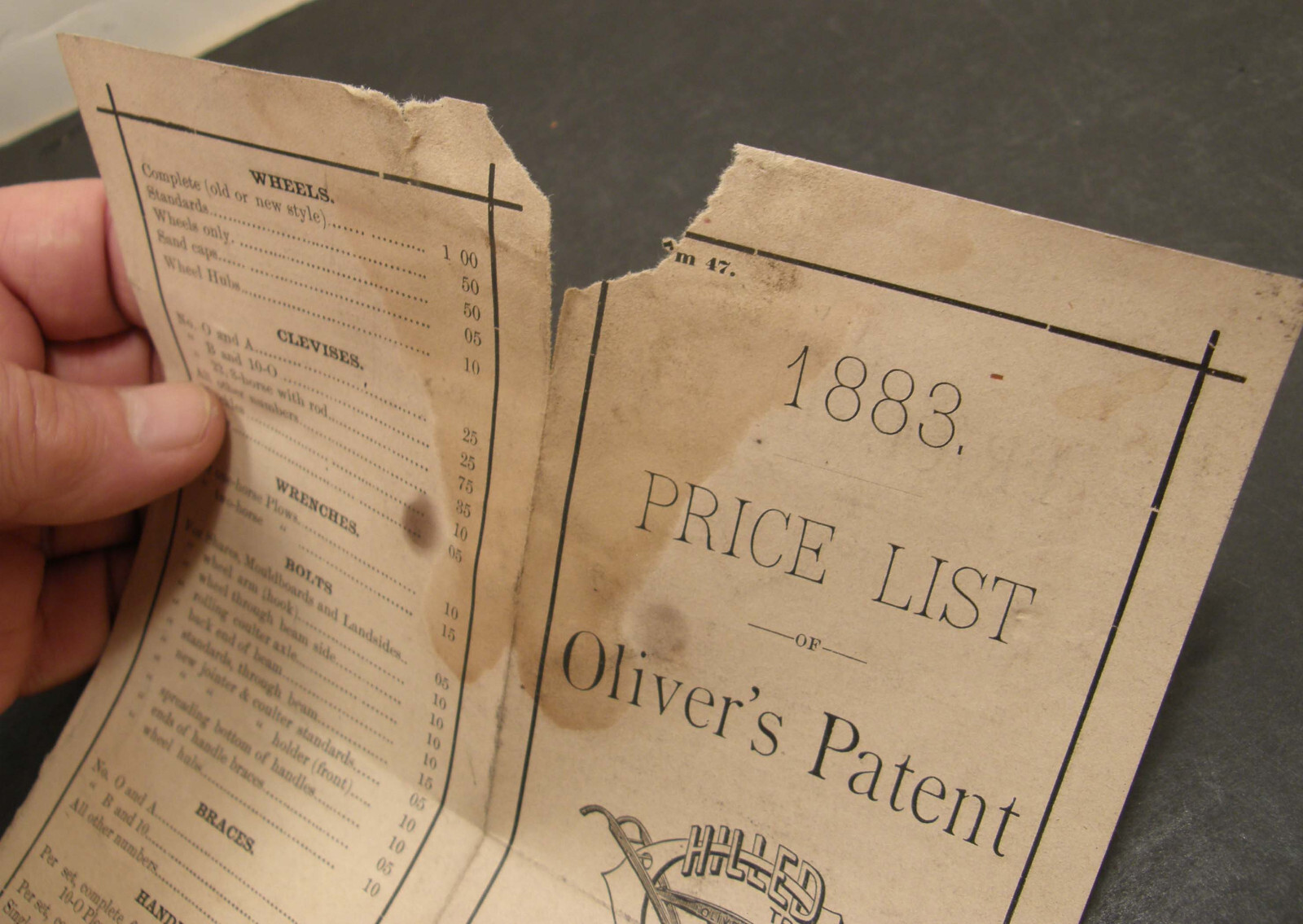 ANTIQUE 1883 PRICE LIST OLIVER AGRICULTURAL PLOW WORKS SOUTH BEND INDIANA