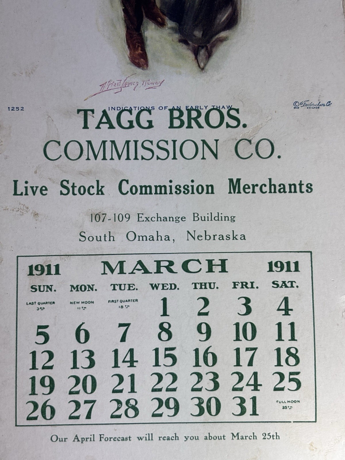 TAGG BROTHERS LIVE STOCK CATTLE RANCH COMMISION CALENDAR ALFRED JAMES DEWEY 1911