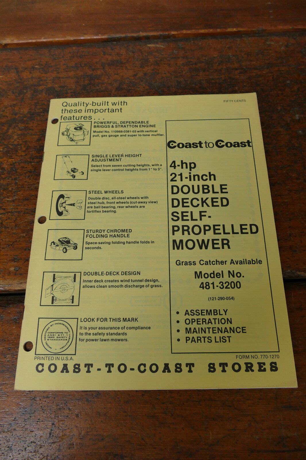 1980s Coast to Coast Owner’s Manual 4HP 21” Self Propelled Lawn Mower 481-3200