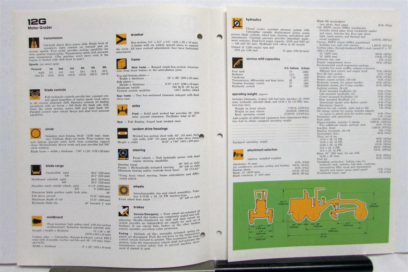 1974 CAT No 12G Road Motor Grader Construction Specifications Sale Tri-Folder