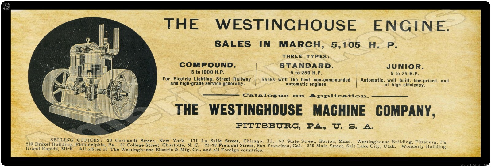 1895 Westinghouse Engines New Metal Sign, 16″ x 48″ USA STEEL XL Size – 8 Pounds