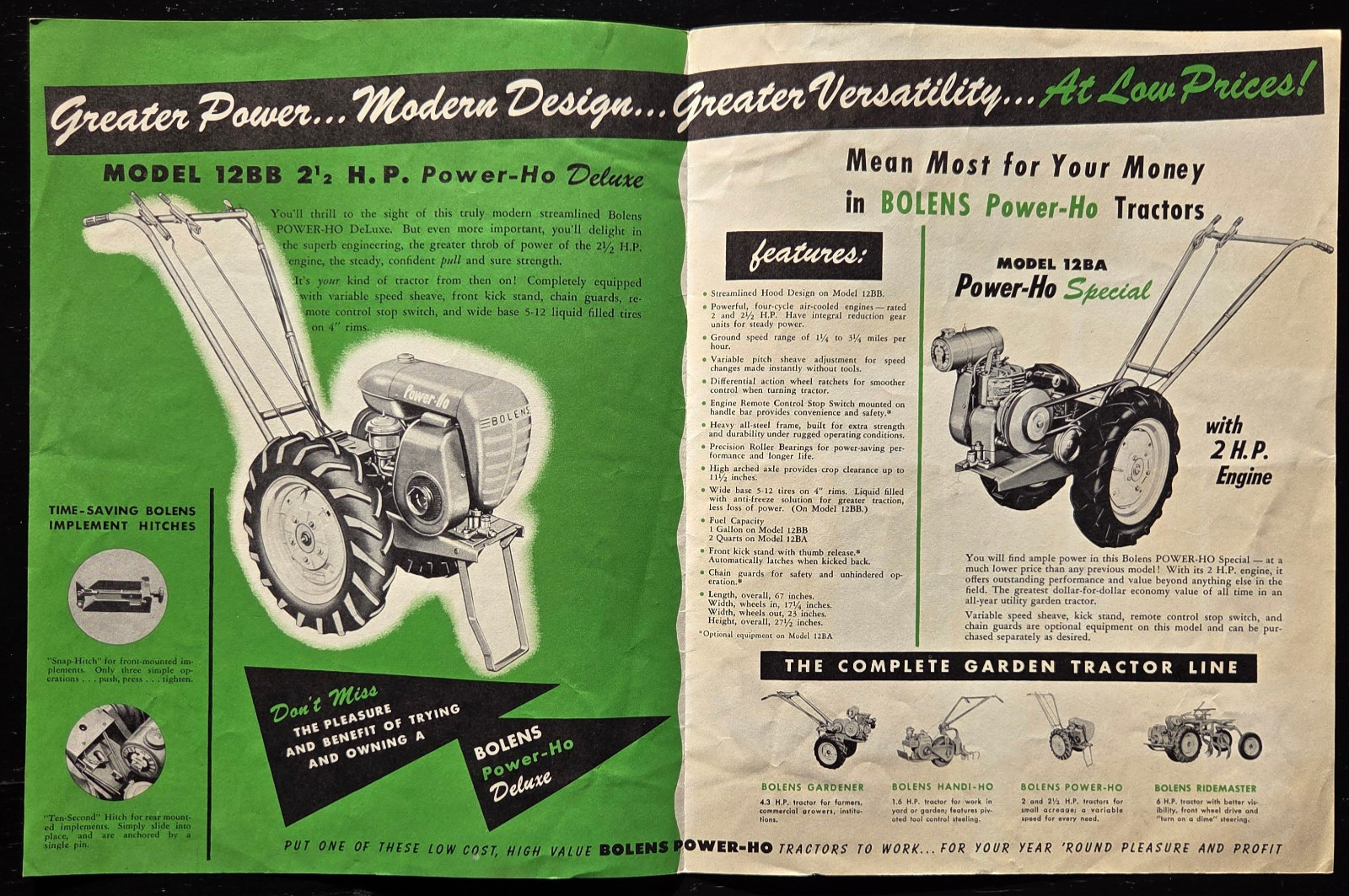 1955 BOLENS POWER-HO GARDEN TRACTOR SALES COLOR BROCHURE “MORE FOR YOUR MONEY”