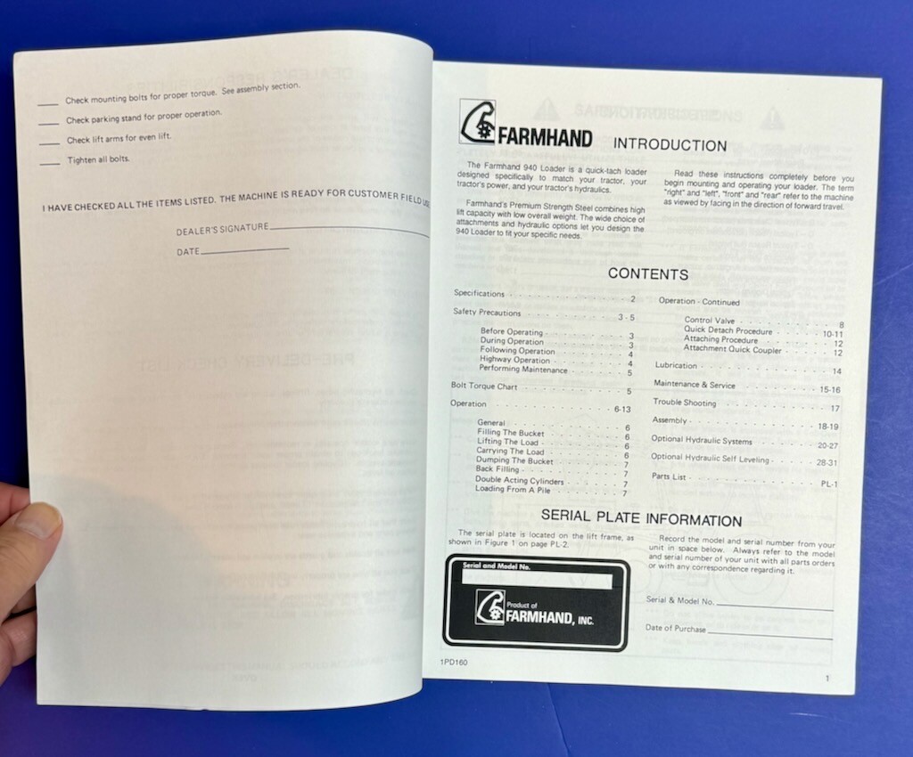 Farmhand XL 940 Loader Parts Setup & Operators Manual
