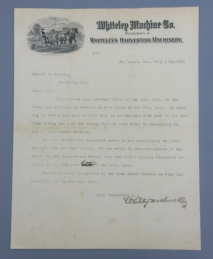 1893 WHITELEY’s HARVESTING MACHINERY Illustrated FARM ADVERTISING Letterhead
