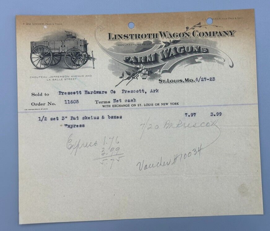 1923 LINSTROTH FARM WAGONS Advertising Illustrated Invoice ST LOUIS