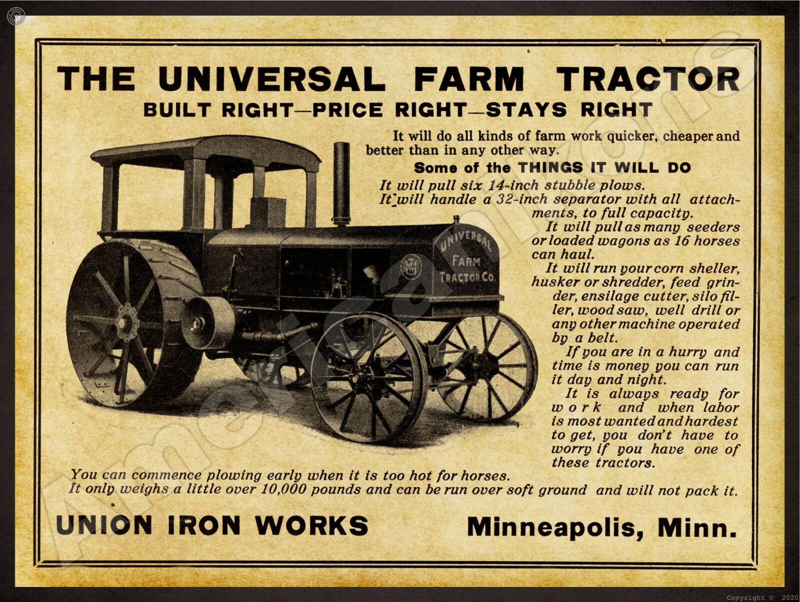 1912 Union Iron Works New Metal Sign: Universal Farm Tractor – Minneapolis, MN