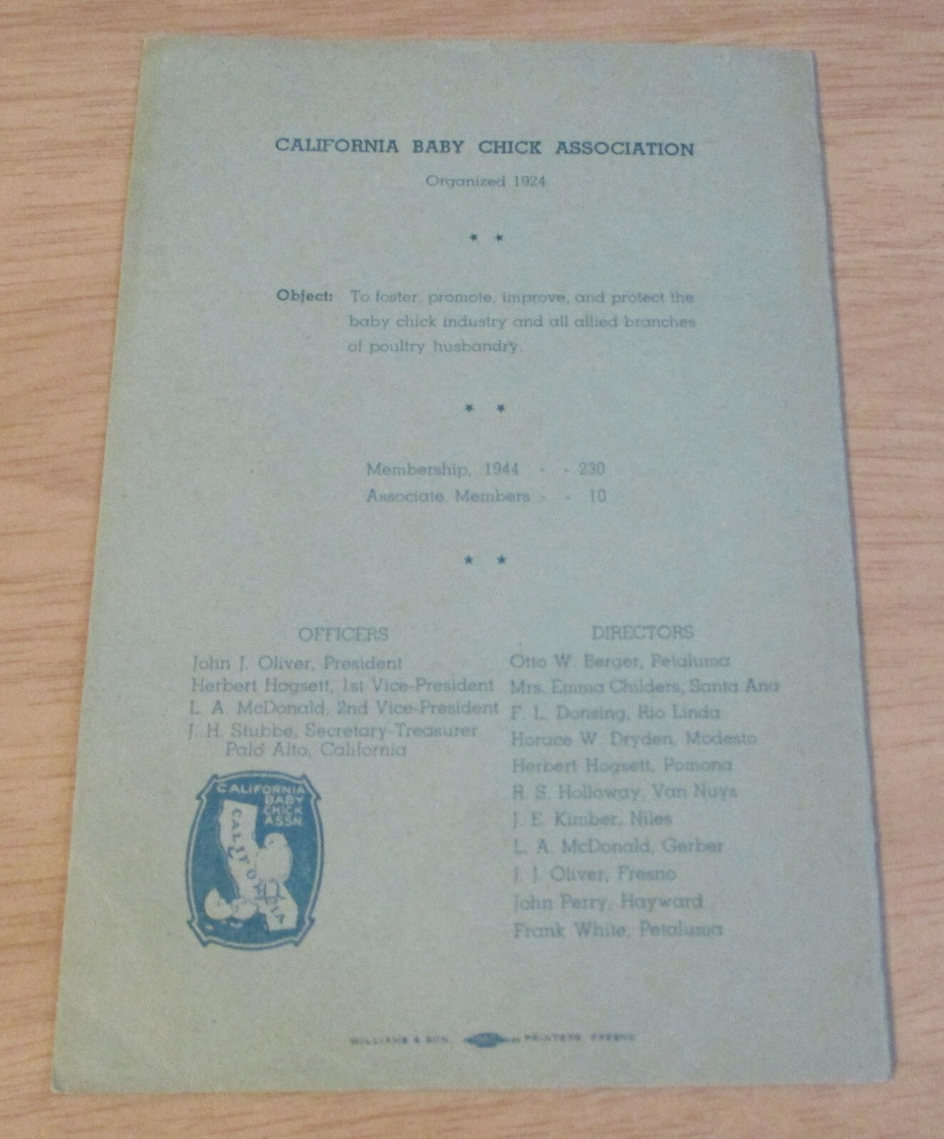 VTG 1944 WWII Era ‘PROGRAM’~California TURKEY/Poultry/CHICK~”HOTEL FRESNO”~