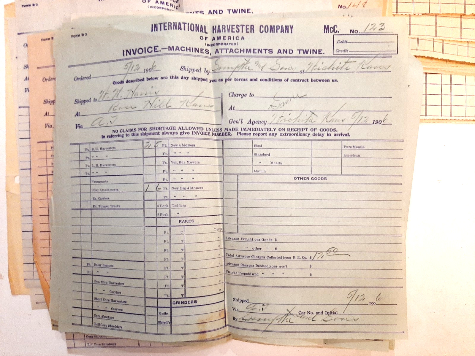 1906 International Harvester Co Invoices & Receipts Lot/30 pcs Wichita Kansas