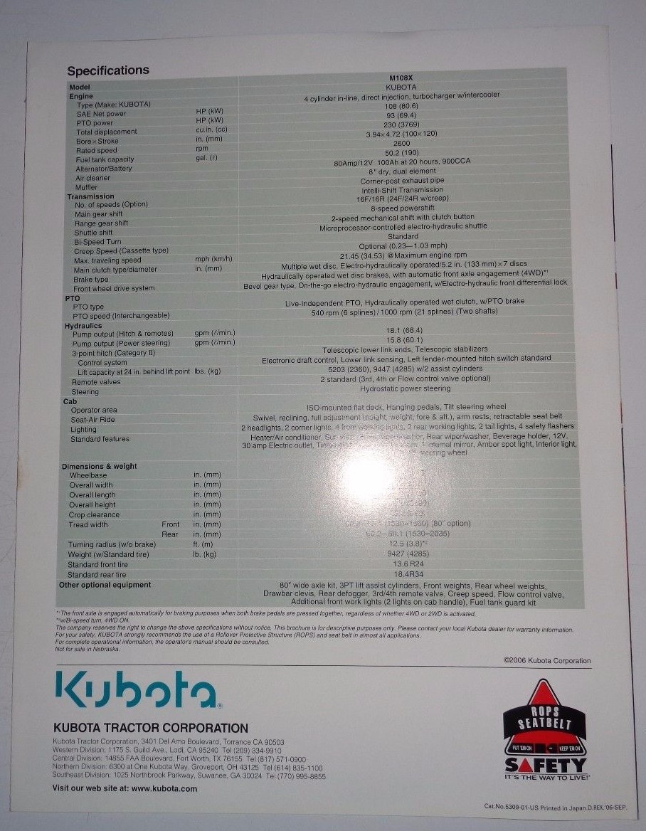 *Kubota Dealers M108X Diesel Tractor Sales Brochure literature ad advertising