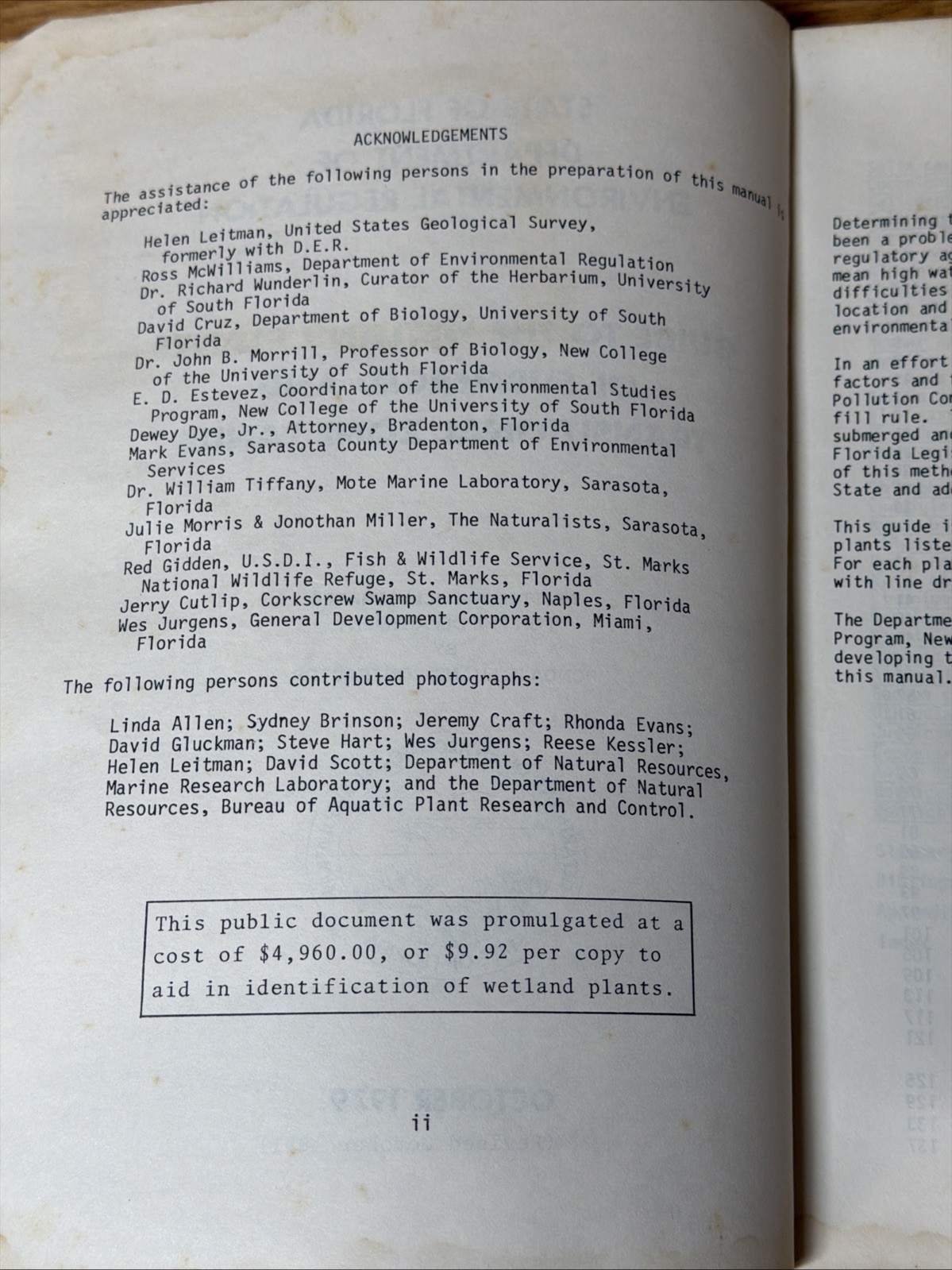 1979 State Of FL Dept Of Environmental Regulation Guide To Wetland Plants Manual