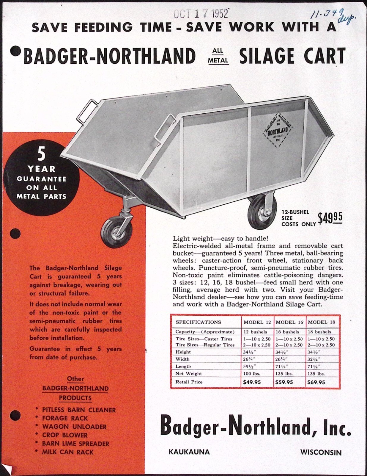 1952 Badger Northland All Metal Silage Cart Dealer Sales Brochure Kaukauna WI