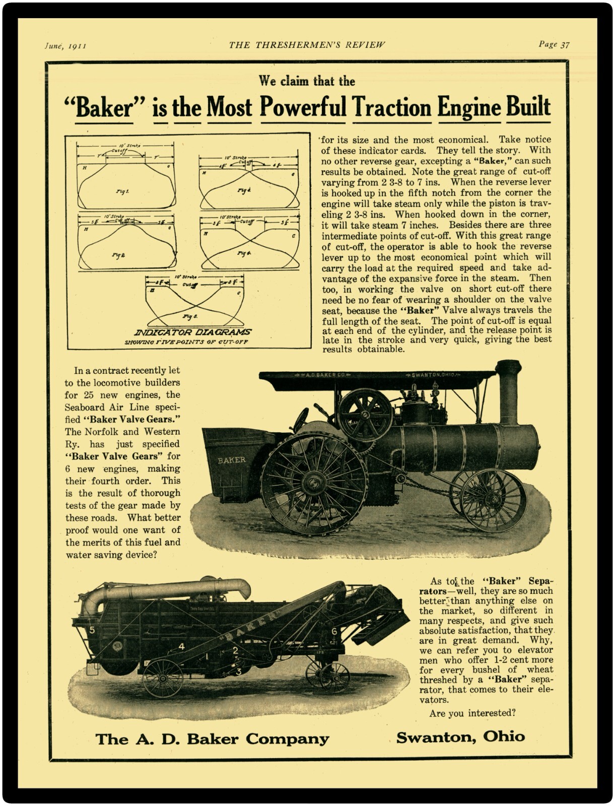 A.D. Baker Traction Engine of Swanton OhiO NEW Sign 24×30″ USA STEEL XL Size