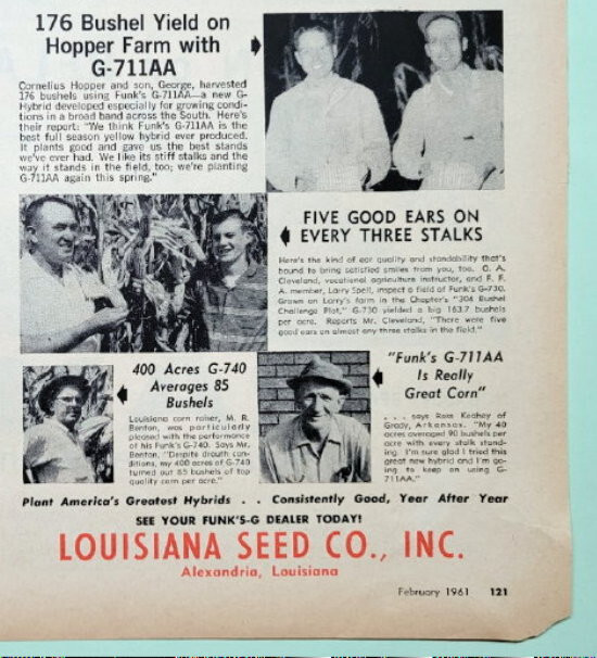 Original 1961 Funk’s Seed Ad Features Ross Keahey of Grady Arkansas 10.5×13.5