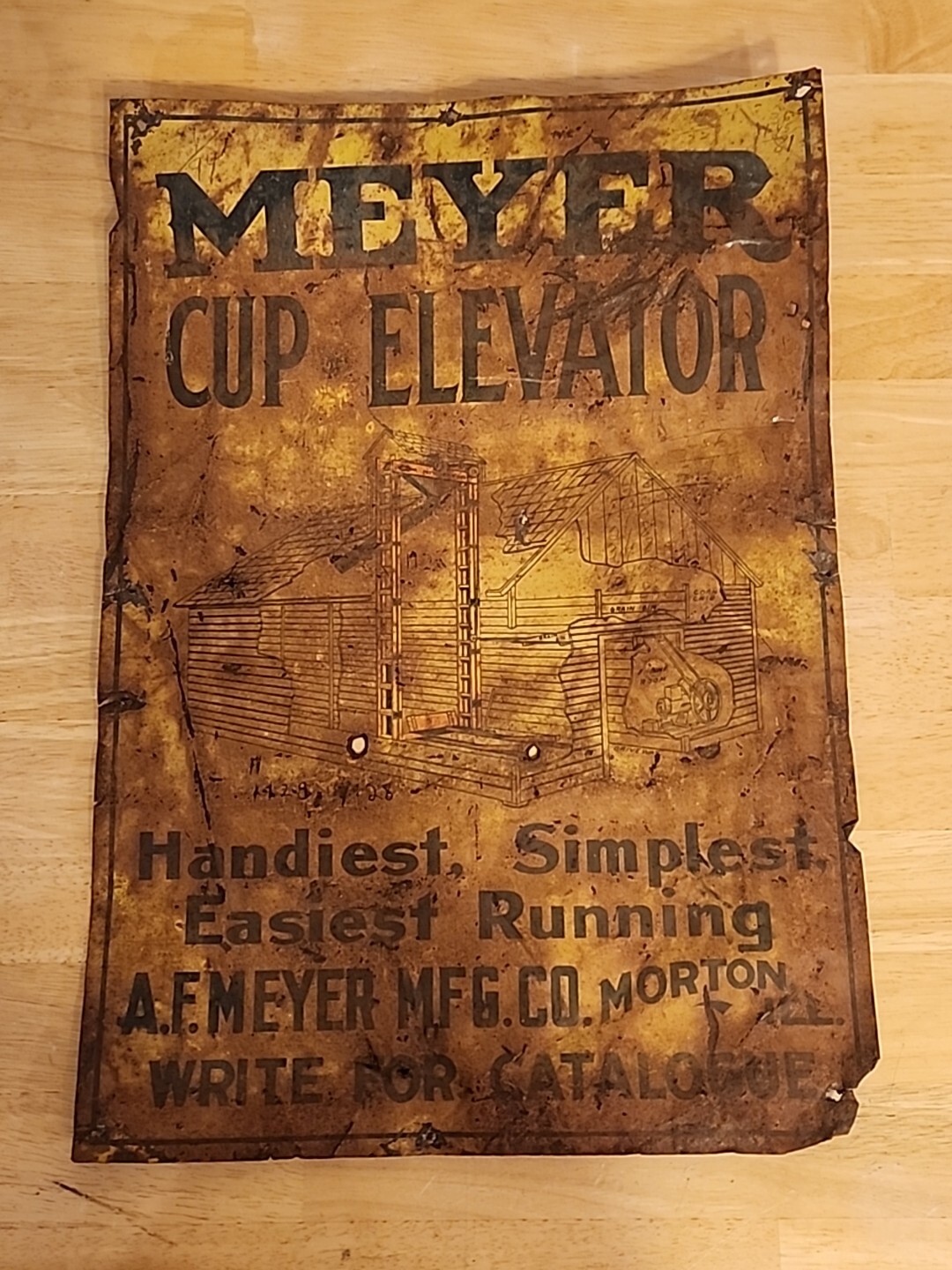 Vintage Meyer Cup Elevator Tin Metal Sign Morton Illinois 19.5×13.5
