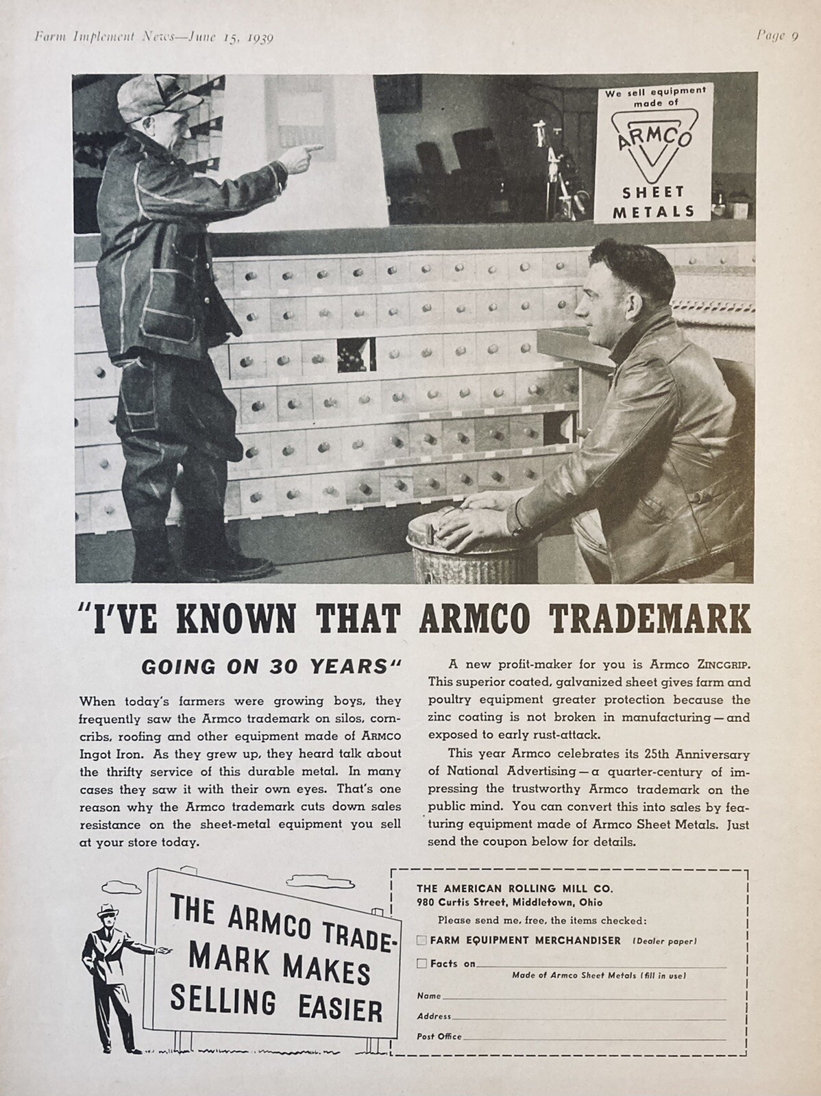1939 AD(XG8)~AMERICAN ROLLING MILL CO. MIDDLETOWN, OHIO. ARMCO SHEET METALS
