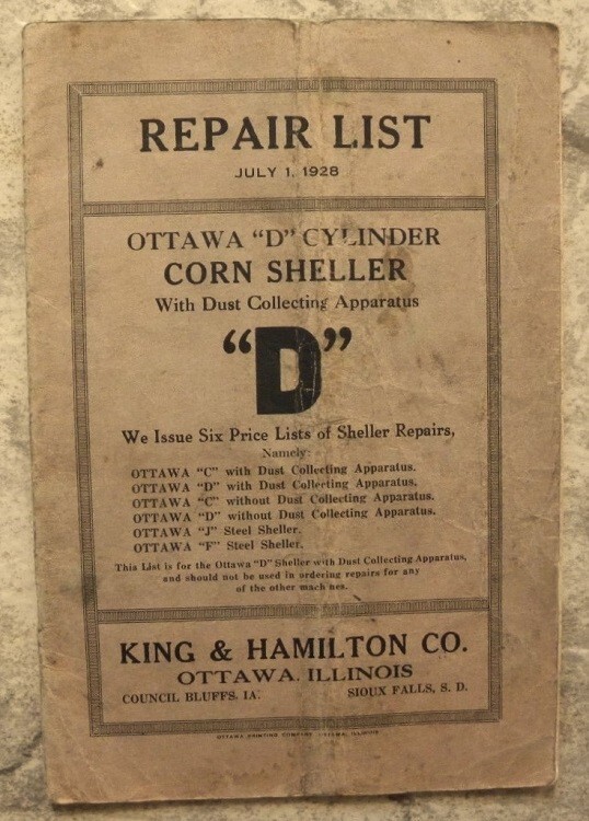 1928 Ottawa, IL Corn Sheller “D”,King & Hamilton Repair Manual,Council Bluffs,IA