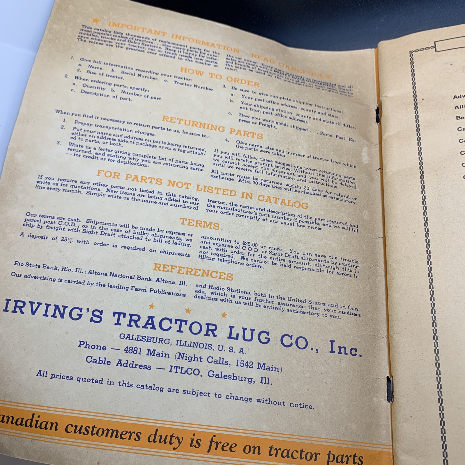 VINTAGE 1937 TRACTOR PARTS CATALOG IRVING’S TRACTORS LUG CO., GALESBURG IL Deere