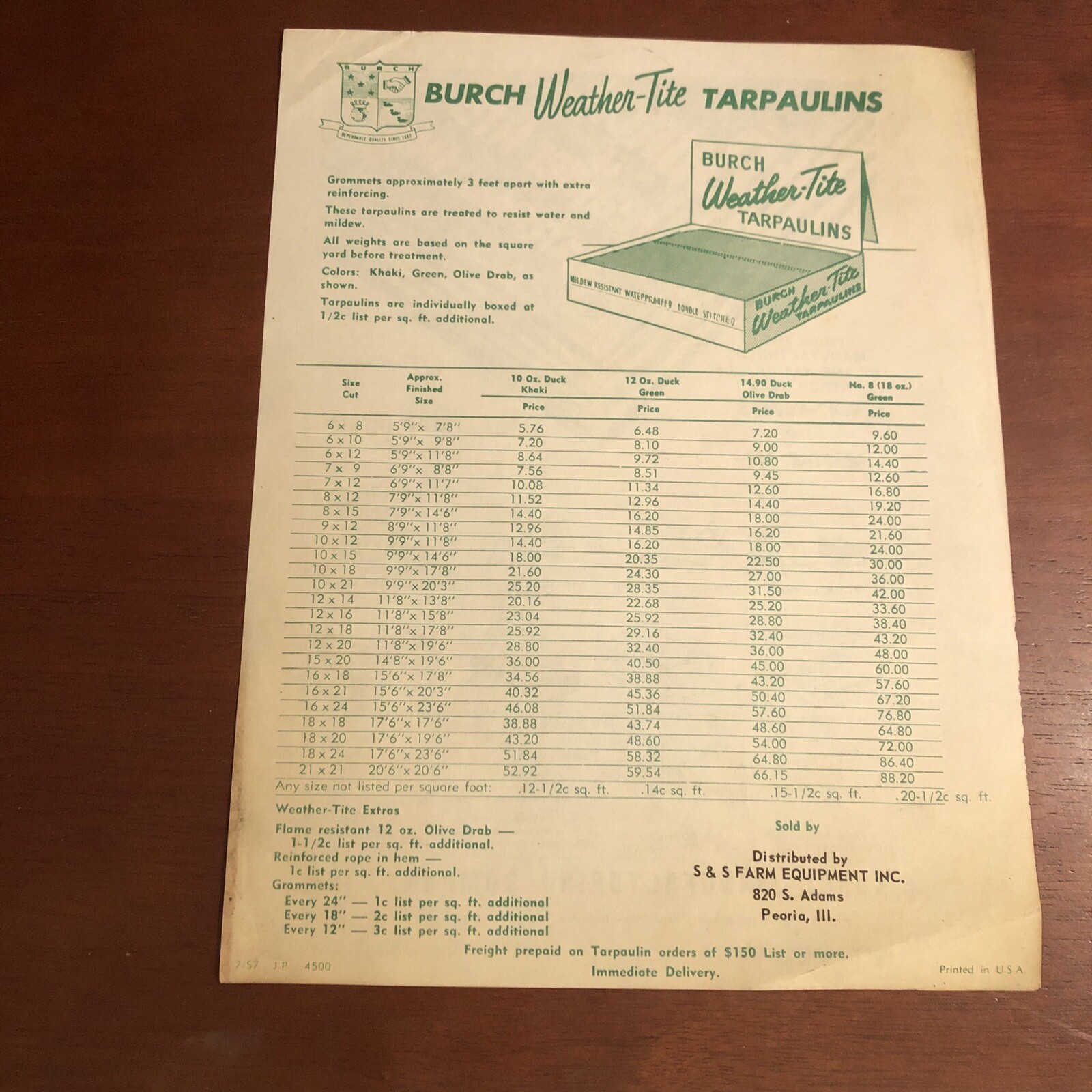 1950s BURCH TRACTOR-TARP Brochure / WEATHER-TITE Tarpaulins Price List ~ VTG