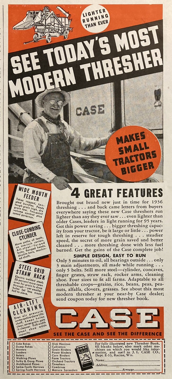 1937 AD.(XH60)~J.I. CASE CO. RACINE, WIS. CASE MODERN DAY THRESHING MACHINES