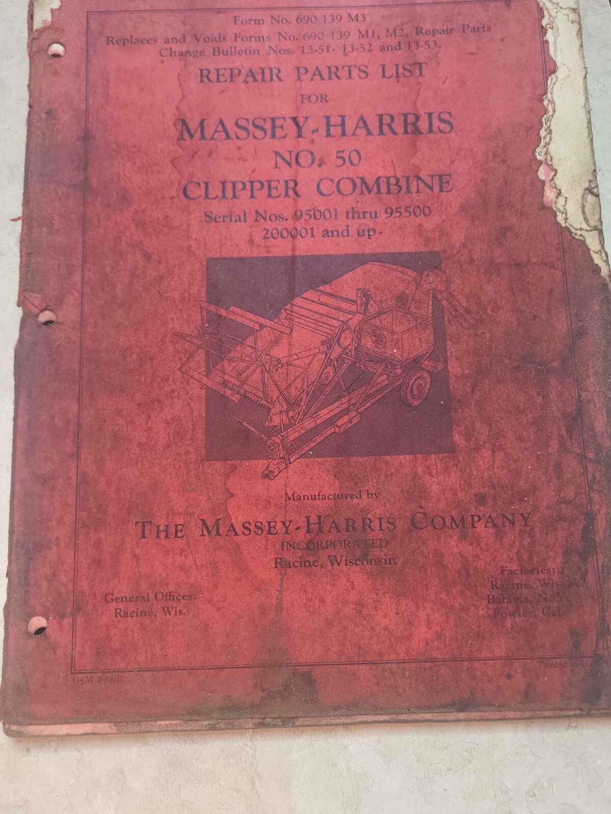 Repair Parts List Massey Harris Clipper Combine Serial No.95001 and up -95500