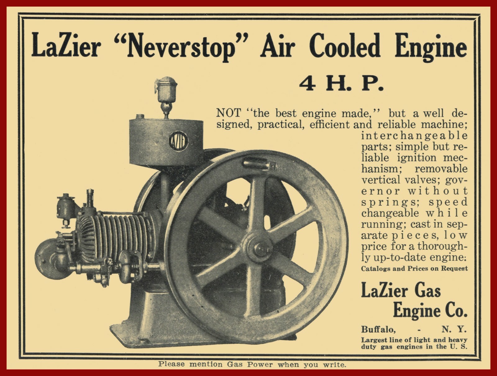 1910 LaZier Gas Engine Co. NEW Metal Sign: Neverstop Model – Buffalo, New York