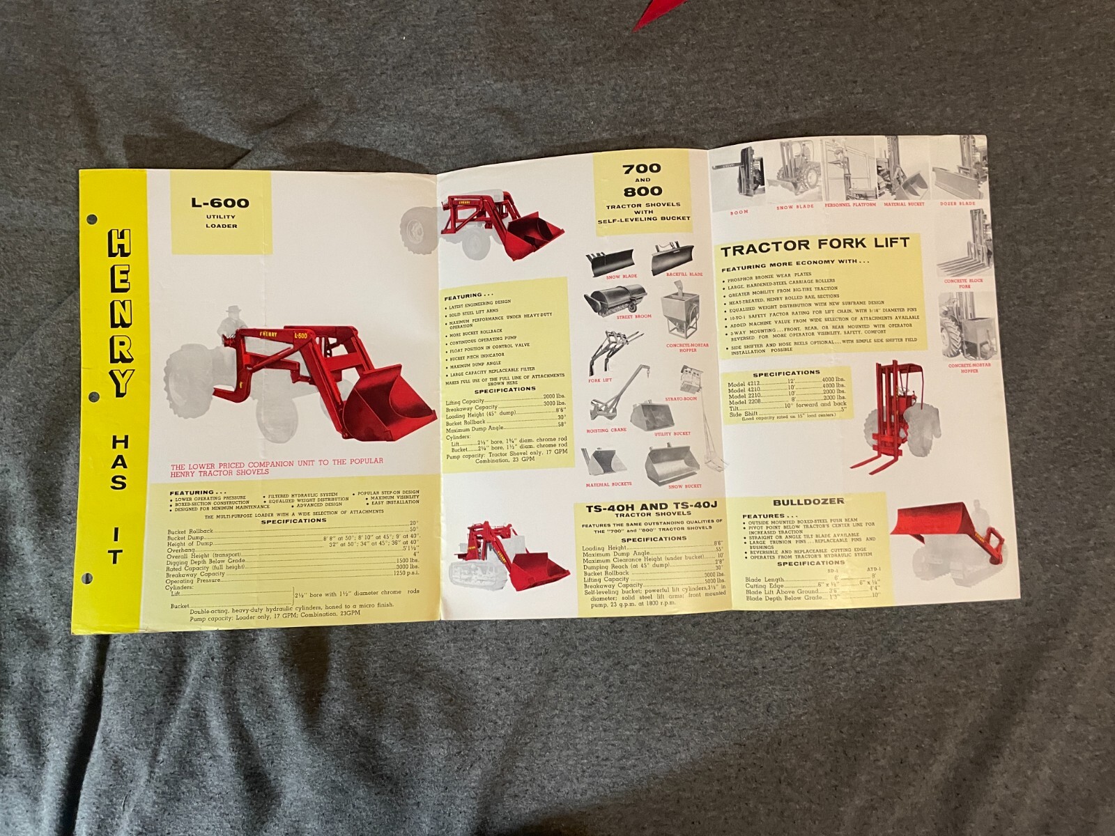 1950’s Henry Industrial Tractor Brochure 6 Pages Spec Sheet L 600 Mark II 700