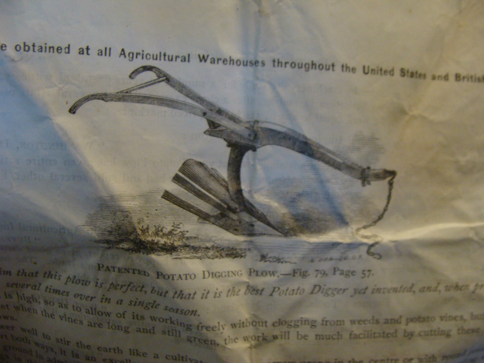 orig. Patented Potato Digging Plow info paper folded, as shown, 1800’S