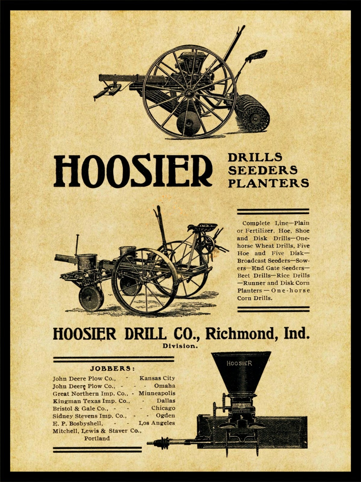 1905 Hoosier Drill, Richmond, IN NEW Metal Sign 24″x30″ USA STEEL XL Size 7 lbs.