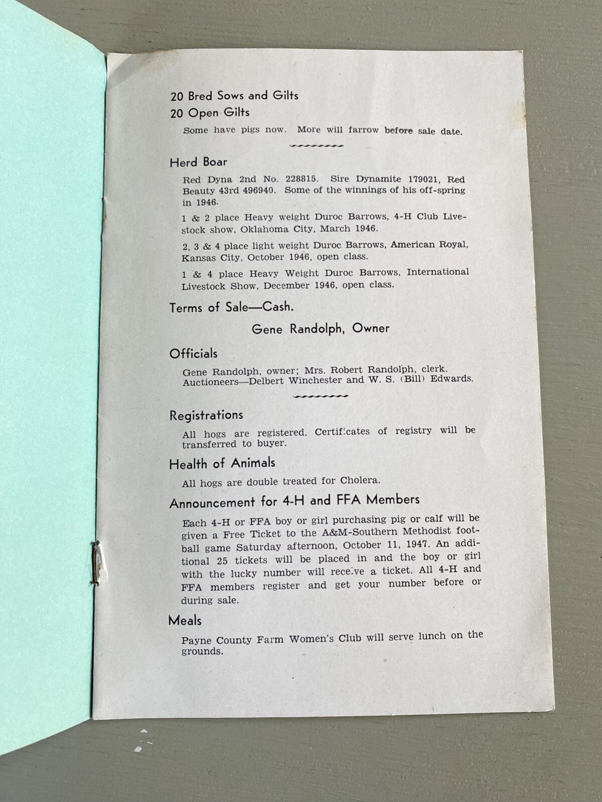 Vintage Purebred Durocs Hogs Pigs Sale Catalog Book Stillwater OK 1947 Farm Ag