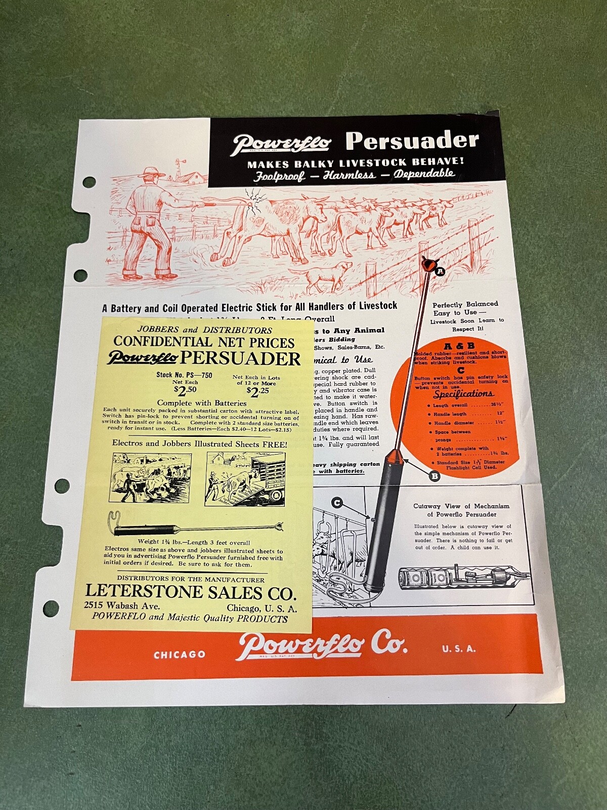 Original Powerflo Persuader Live Stock Cattle Prod Single Page Brochure