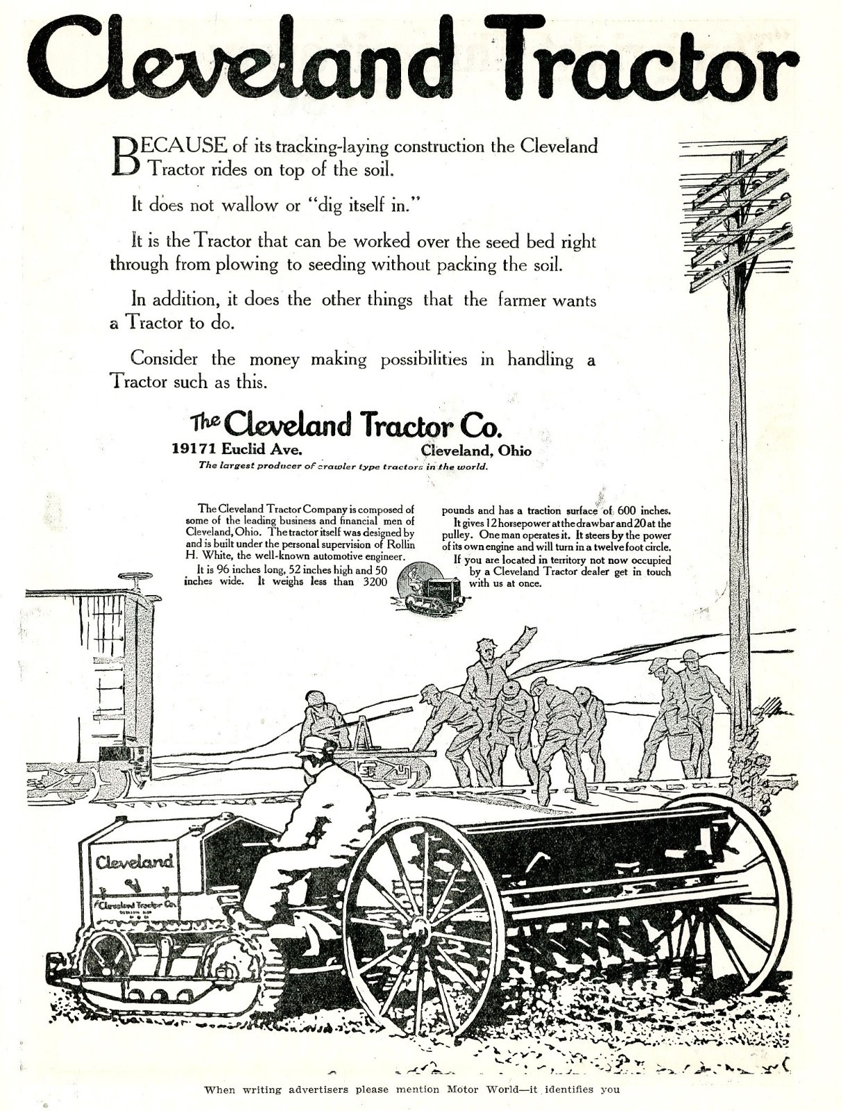1919 Original Cleveland Tractor Ad. Rides On Top Of Soil, Won’t Pack It Down