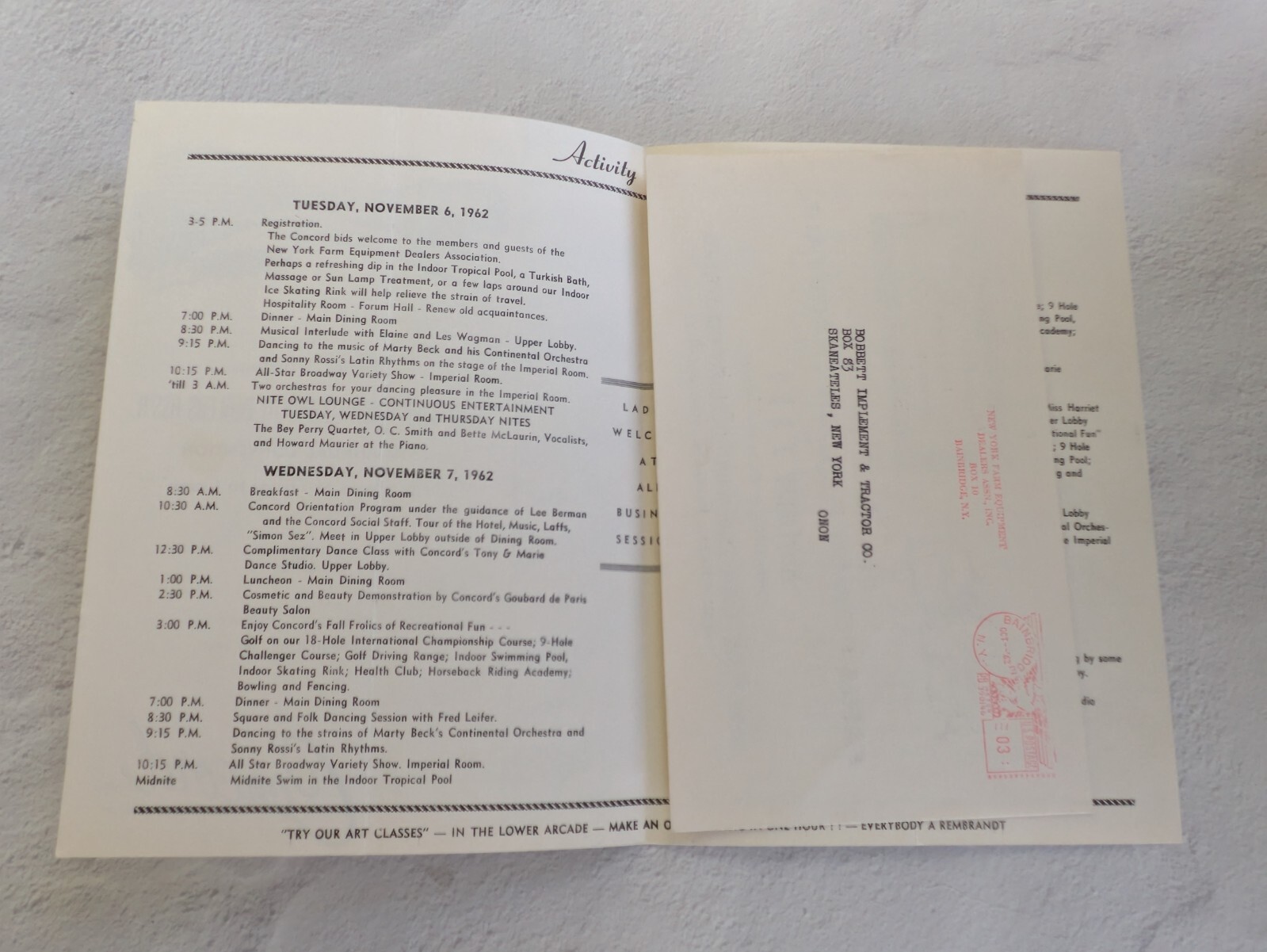 1962 New York Farm Equipment Dealers Associaton Ladies Program Concord Hotel