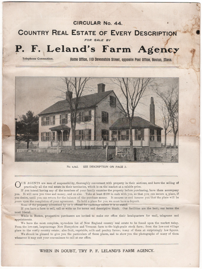 P. F. Leland’s Farm Agency, Boston, Mass. Property Add Circular No. 44, ca 1890