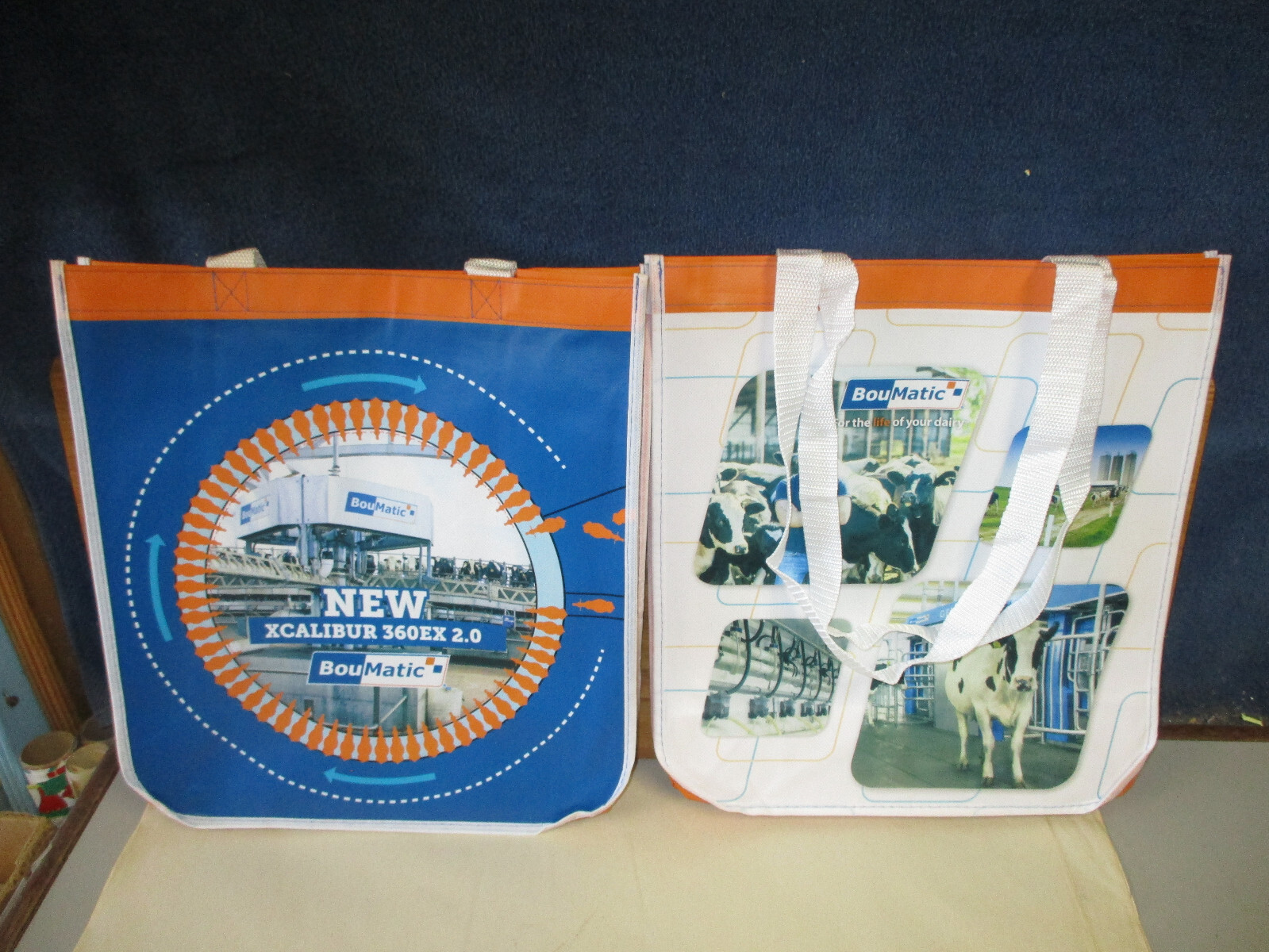 2 BOUMATIC DAIRY Shopping Bag Lot 13.5″x13.75″ (Orange/Blue) XCALIBUR 360EX 2.0