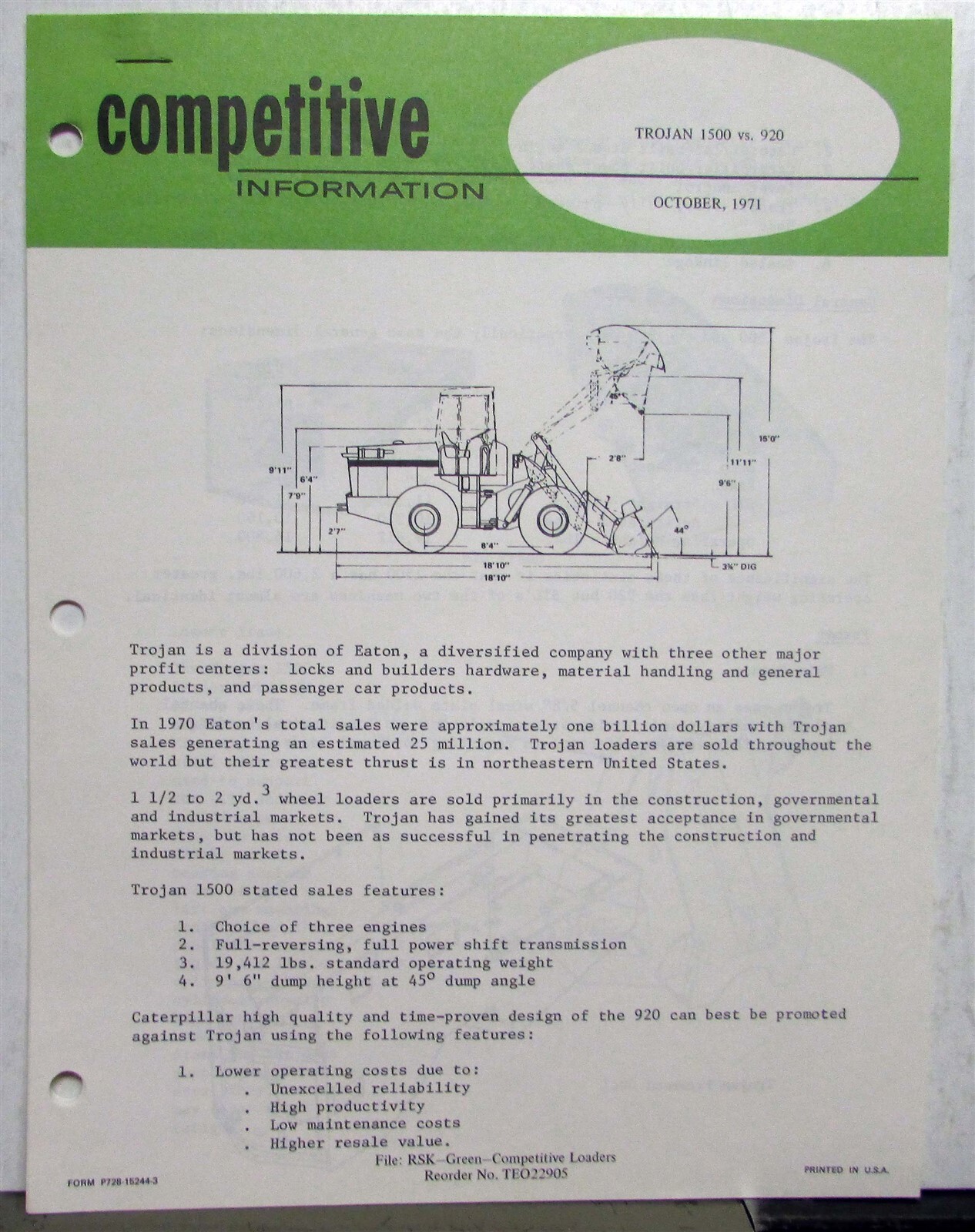 1972 Caterpillar Wheel Loaders Trojan Specs Construction Competitive Information