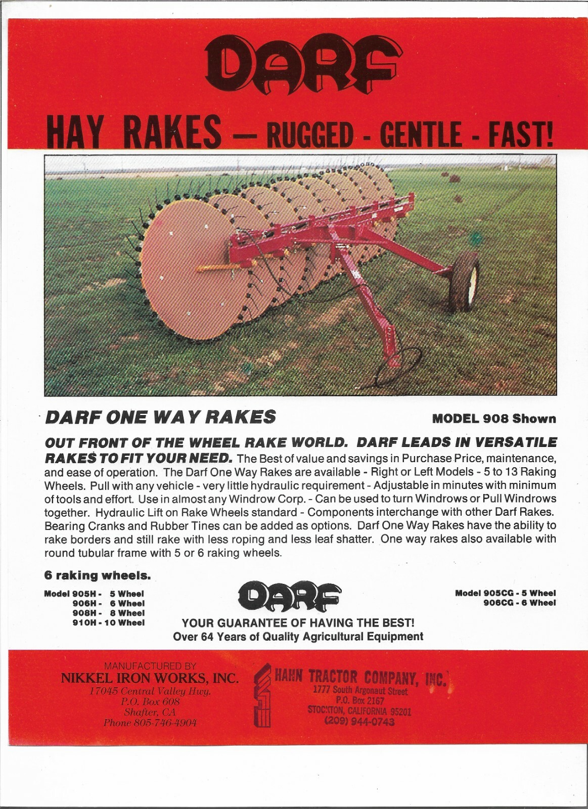 Original Darf 905H 905CG 906CG 906H 908H 910H Hay Rakes Brochure Features Sheet