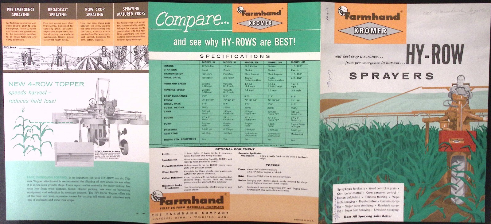 1959 Hy Row Sprayers Brochure Farmhand Company Hopkins MN
