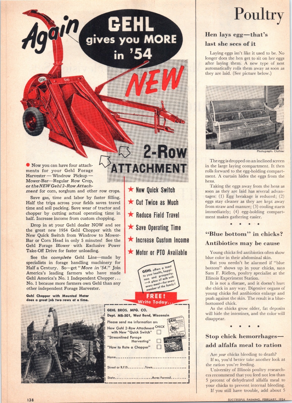 1954 GEHL Forage Harvester 2-Row Attachment 50’s Vintage Print Ad
