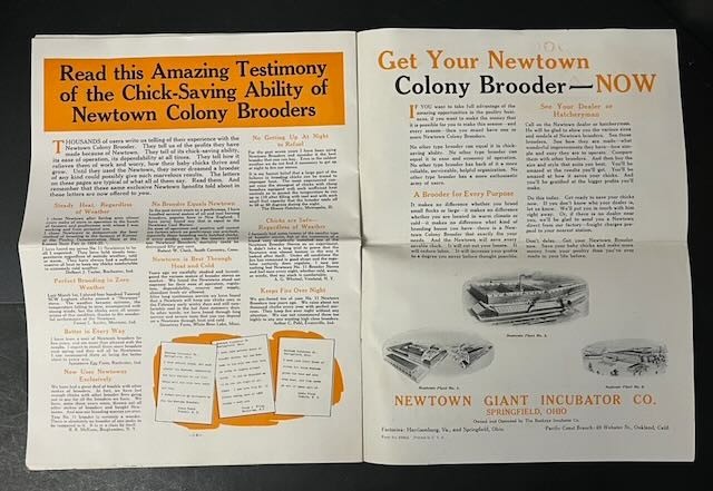 2 Newtown Colony Brooders Poultry Advertising Brochures Springfield OH 1930s/40s