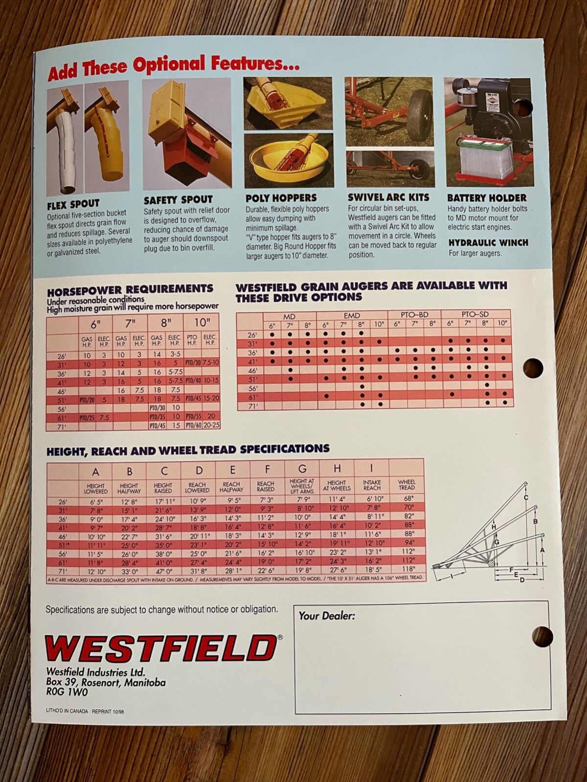 1998 Westfield WR Series Grain Auger Specs and Sales Brochure