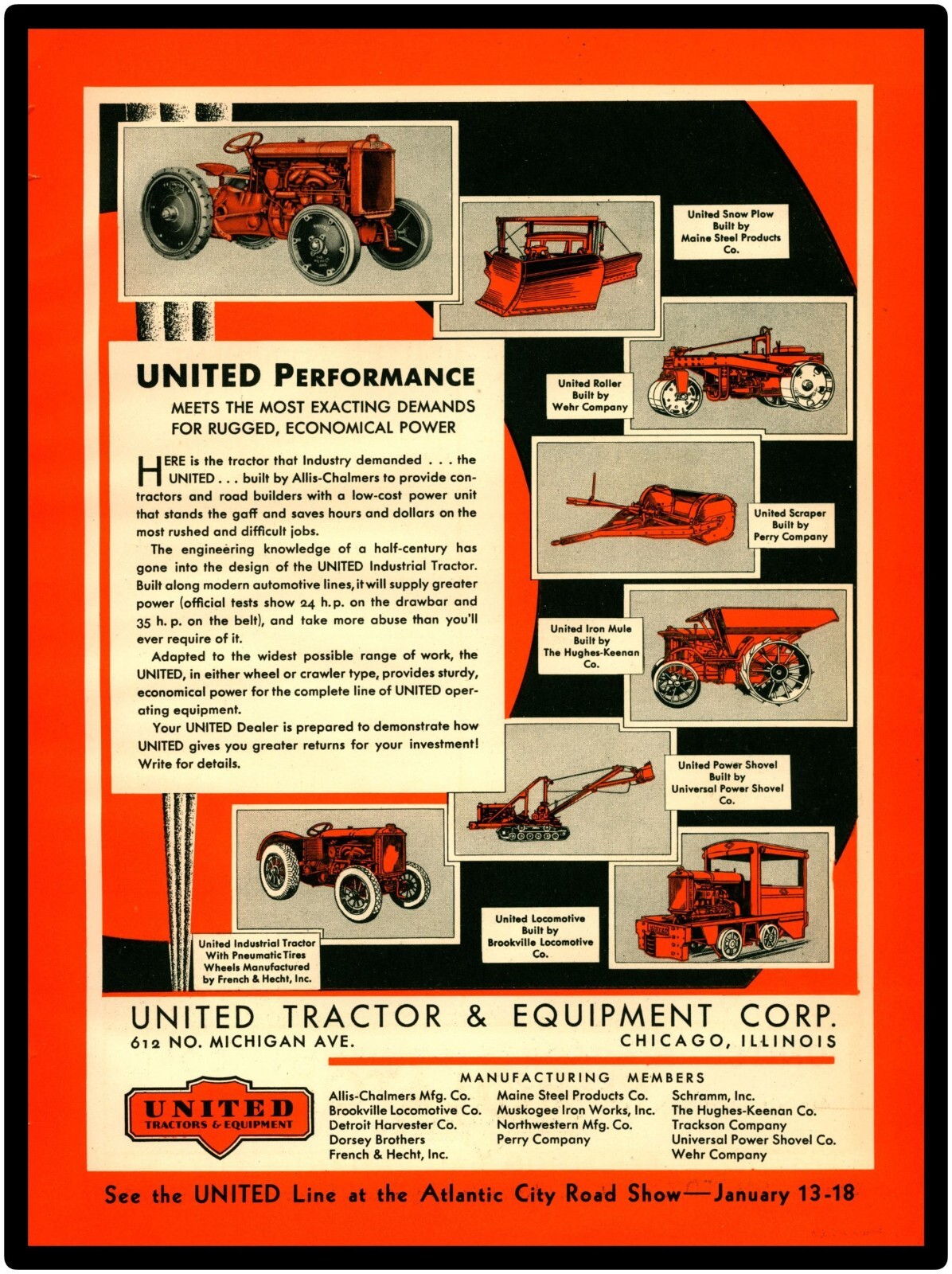 United Tractor & Equipment Co. of Chicago NEW Sign 24×30″ USA STEEL XL Size