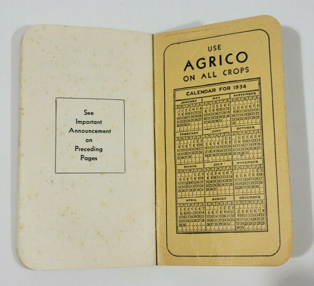 1934 Agrico Memo Book With Calendar – Agriculture / Farming