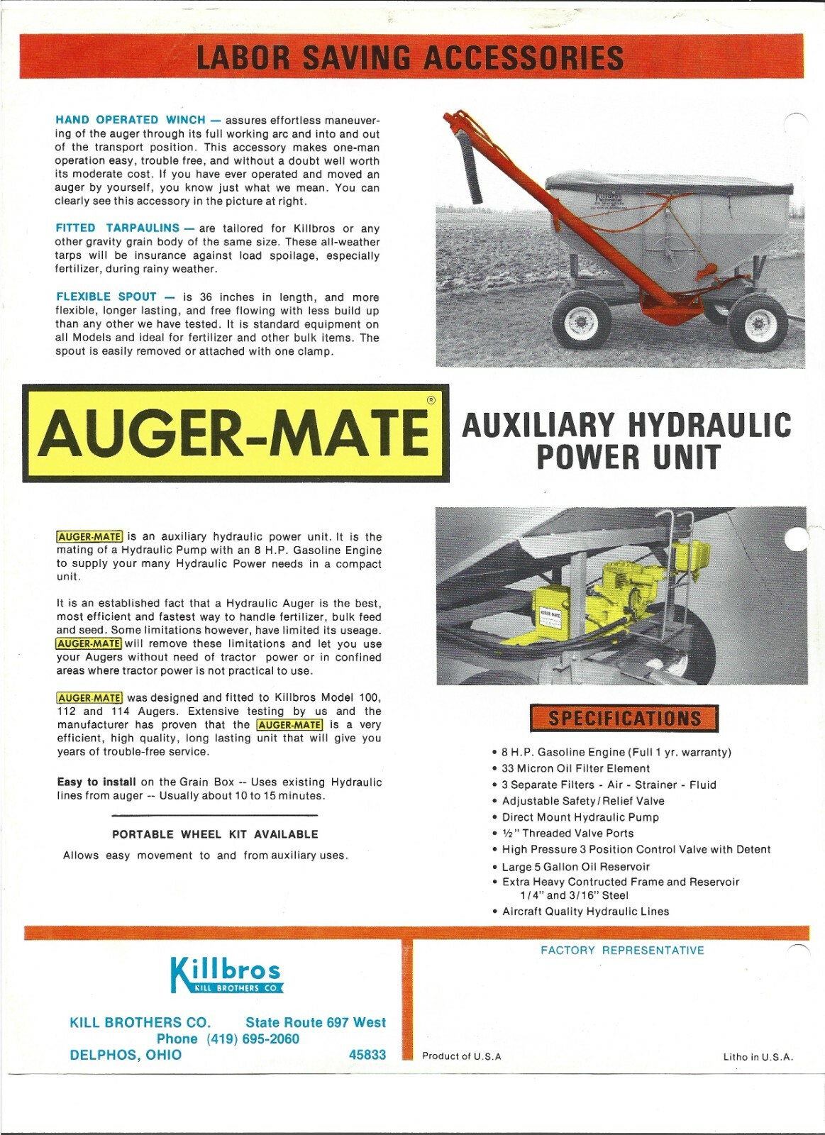 Original Killbros 100 112 114 Hydraulic Auger Sales Brochure Spec Sheet # 120479
