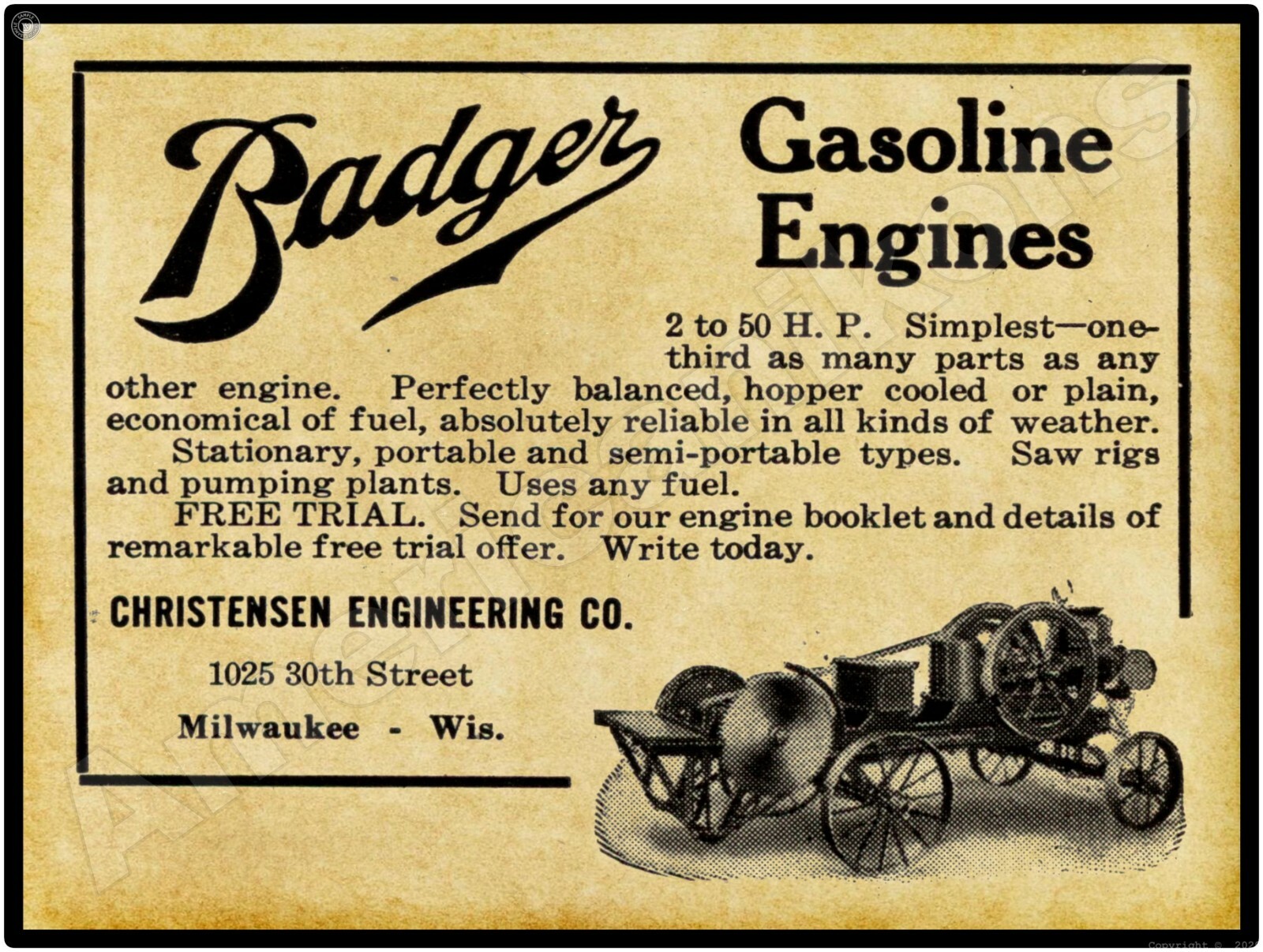 1910 Christensen Co. Badger Gas Engines New Metal Sign: Milwaukee, Wisconsin