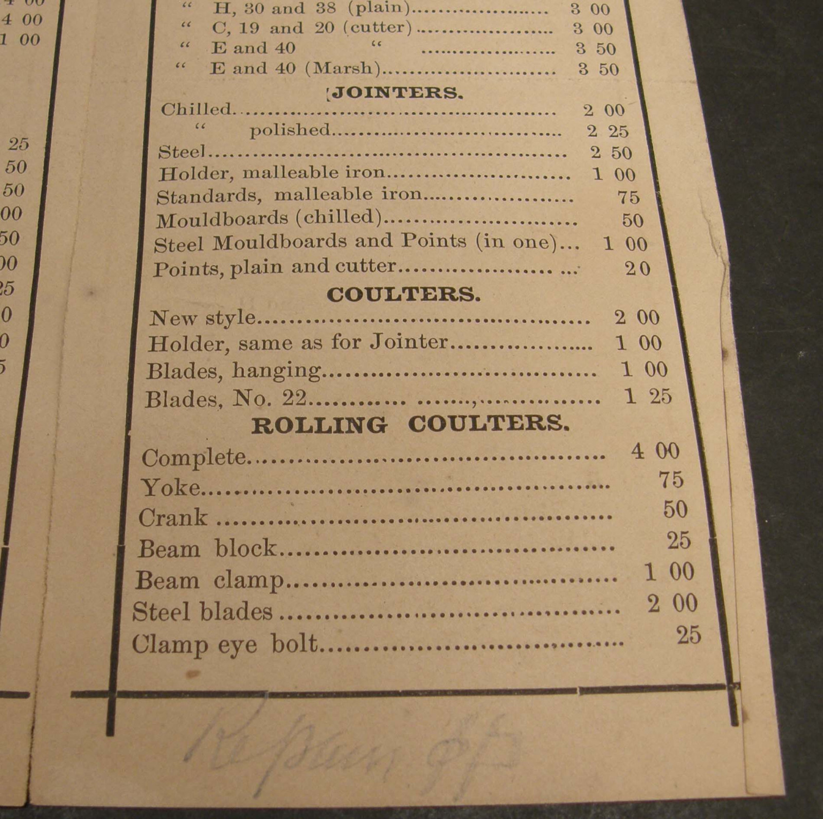 ANTIQUE 1883 PRICE LIST OLIVER AGRICULTURAL PLOW WORKS SOUTH BEND INDIANA