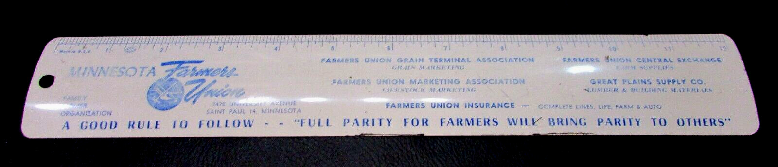 Vintage 1950’s Minnesota Farmers Union Brand Names White Blue Metal 12″ Ruler